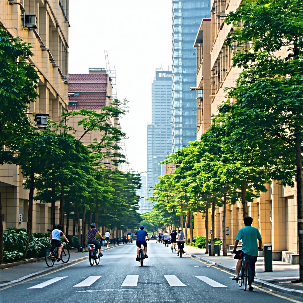 A realistic highresolution image Lighting is natural daylight alley with trees left and right from the street Dont use high rise buildings people with bycicles-1