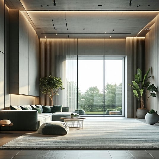 The image depicts a modern architectural design showcasing a soundproofed room The interior features sleek minimalist furniture with a calming palette of soft grays and whites A large window with triple glazing allows natural light to flood the space