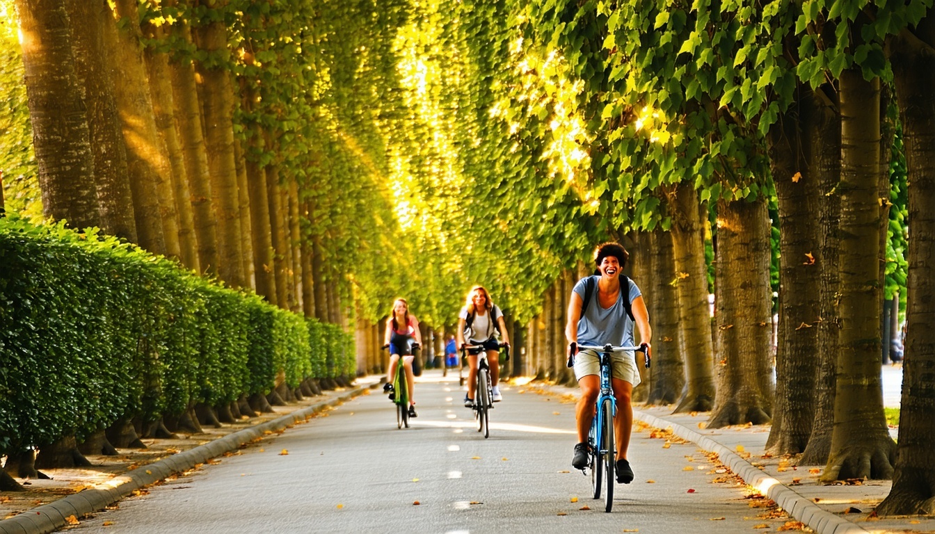 The narrow alley is lined with tall leafy trees that create a dappled canopy overhead filtering the warm sunlight into playful patterns on the ground As the golden rays dance through the branches a few cyclists glide smoothly along the paved path the-1