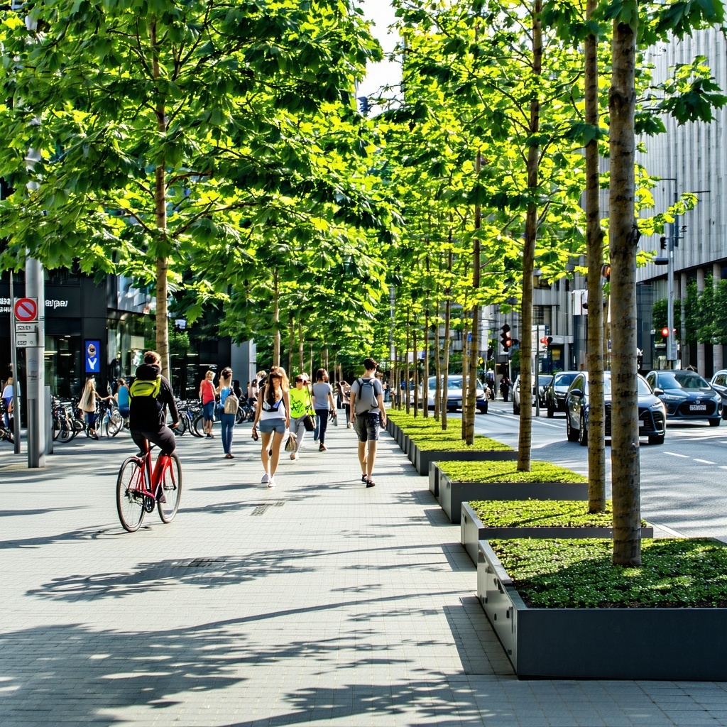 A vibrant urban landscape showcasing a variety of healthy trees flourishing in a city environment The scene features innovative tree protection systems integrated seamlessly into the sidewalks with visible loadbearing cells and permeable paving that