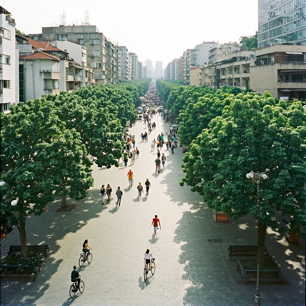 cinematic A birdseye photograph captures a vibrant cityscape with numerous trees lining both sides of a bustling street The trees are lush and green creating a natural canopy over the pavement People are seen walking chatting and riding bicycles addi