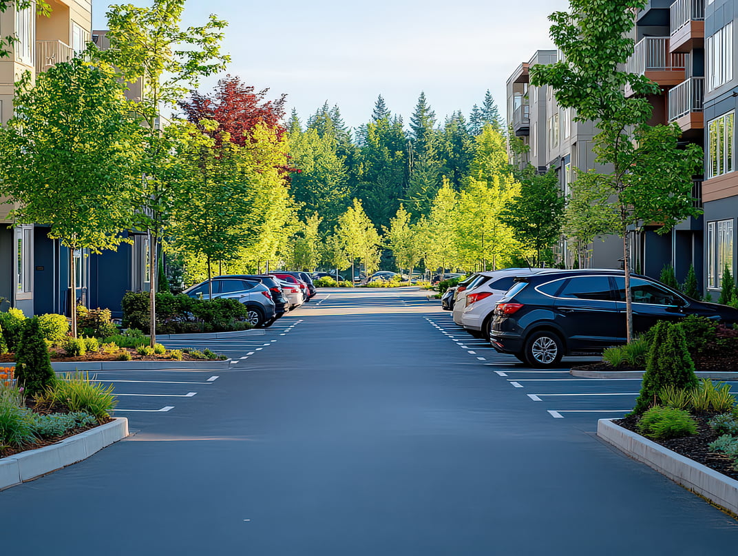 Parking lot with trees and cars