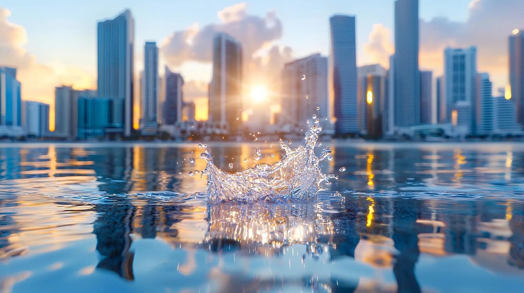 Water-splash-reflecting-city-skyline-at-sunrise