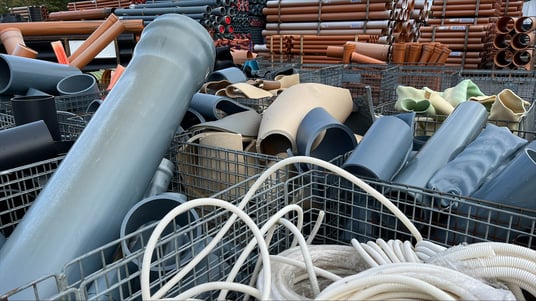 installation of a sewage plastic pipe during the construction of a house. Creative Banner. Copyspace image