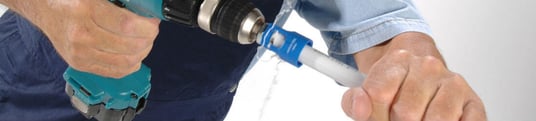 installation of a sewage plastic pipe during the construction of a house. Creative Banner. Copyspace image