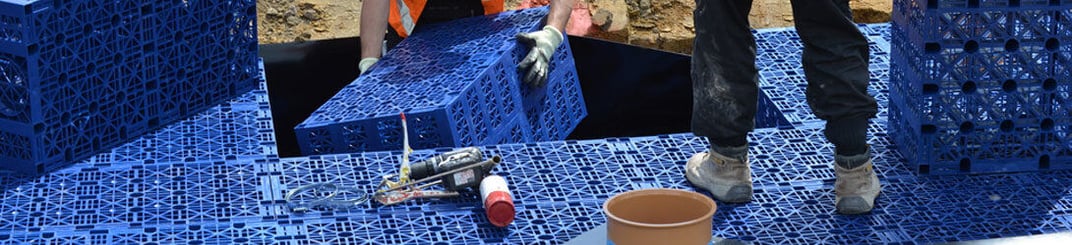 installation of a sewage plastic pipe during the construction of a house. Creative Banner. Copyspace image