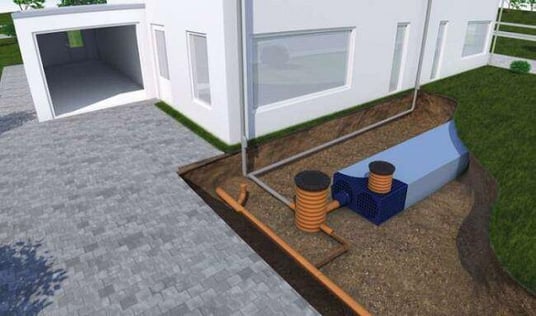 installation of a sewage plastic pipe during the construction of a house. Creative Banner. Copyspace image