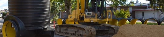 installation of a sewage plastic pipe during the construction of a house. Creative Banner. Copyspace image