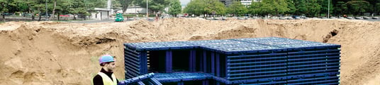 installation of a sewage plastic pipe during the construction of a house. Creative Banner. Copyspace image