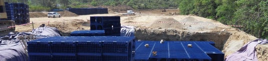 installation of a sewage plastic pipe during the construction of a house. Creative Banner. Copyspace image