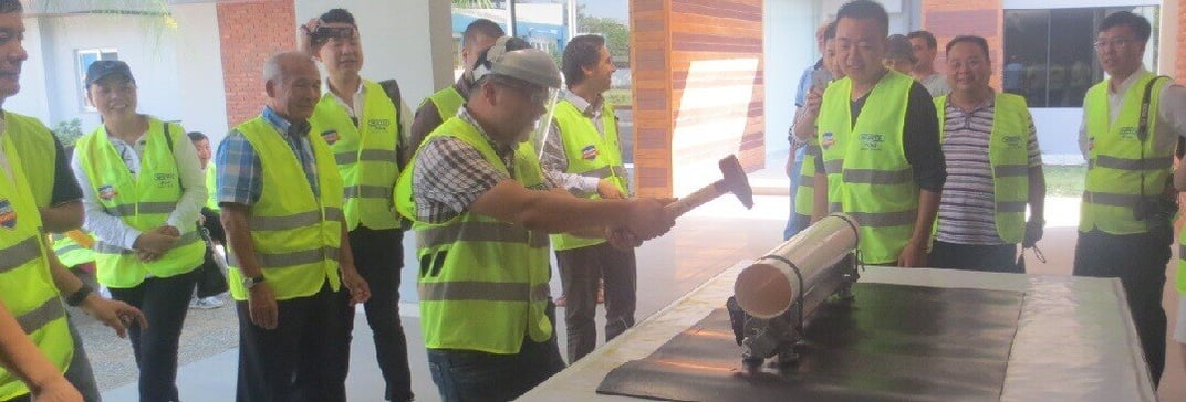 installation of a sewage plastic pipe during the construction of a house. Creative Banner. Copyspace image