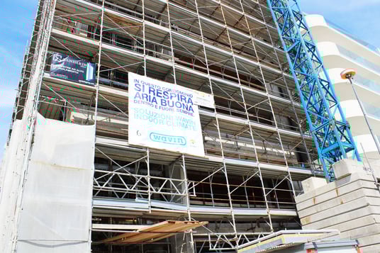 installation of a sewage plastic pipe during the construction of a house. Creative Banner. Copyspace image
