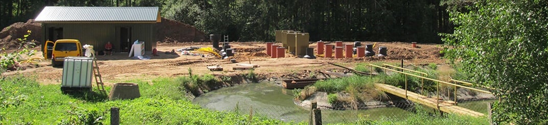 installation of a sewage plastic pipe during the construction of a house. Creative Banner. Copyspace image
