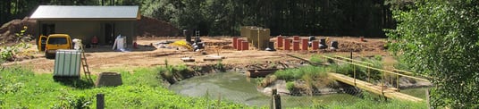 installation of a sewage plastic pipe during the construction of a house. Creative Banner. Copyspace image