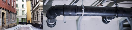 installation of a sewage plastic pipe during the construction of a house. Creative Banner. Copyspace image