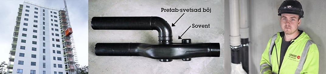 installation of a sewage plastic pipe during the construction of a house. Creative Banner. Copyspace image