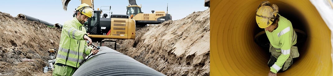 installation of a sewage plastic pipe during the construction of a house. Creative Banner. Copyspace image