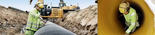 installation of a sewage plastic pipe during the construction of a house. Creative Banner. Copyspace image