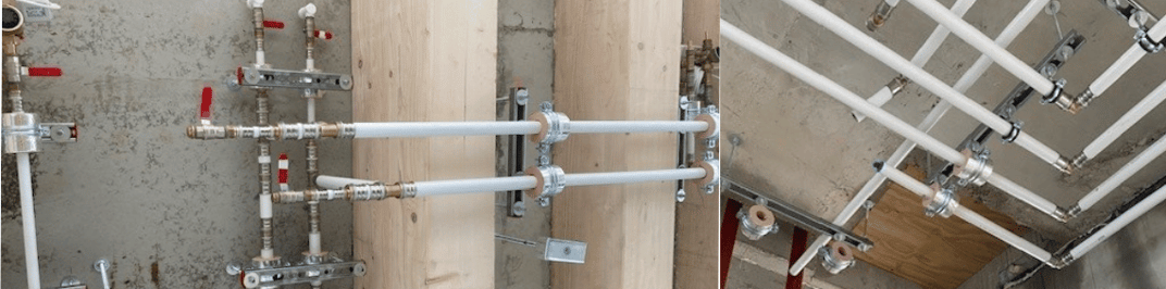 installation of a sewage plastic pipe during the construction of a house. Creative Banner. Copyspace image