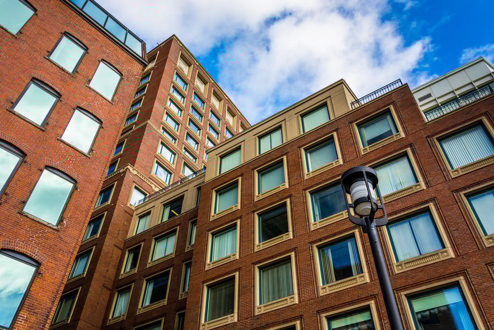 Looking up at apartment buildings in Boston, Massachusetts.-1