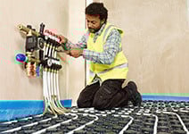 installation of a sewage plastic pipe during the construction of a house. Creative Banner. Copyspace image
