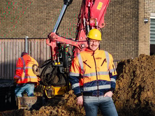 installation of a sewage plastic pipe during the construction of a house. Creative Banner. Copyspace image