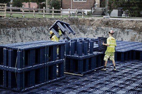 installation of a sewage plastic pipe during the construction of a house. Creative Banner. Copyspace image