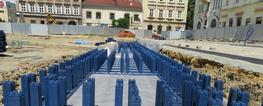 installation of a sewage plastic pipe during the construction of a house. Creative Banner. Copyspace image