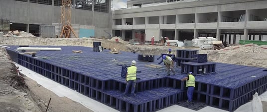 installation of a sewage plastic pipe during the construction of a house. Creative Banner. Copyspace image