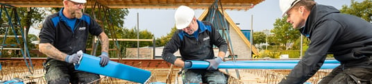 installation of a sewage plastic pipe during the construction of a house. Creative Banner. Copyspace image