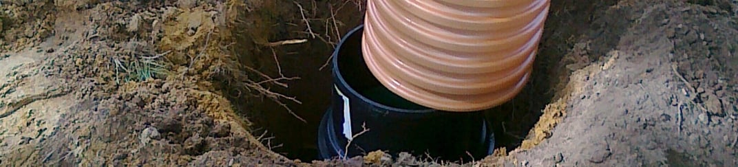 installation of a sewage plastic pipe during the construction of a house. Creative Banner. Copyspace image
