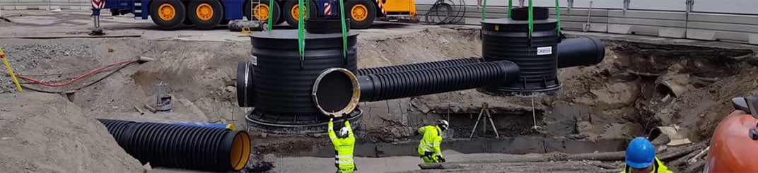 installation of a sewage plastic pipe during the construction of a house. Creative Banner. Copyspace image