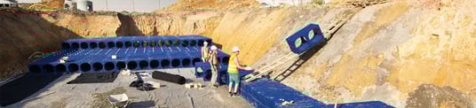 installation of a sewage plastic pipe during the construction of a house. Creative Banner. Copyspace image