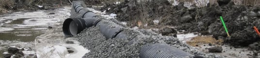 installation of a sewage plastic pipe during the construction of a house. Creative Banner. Copyspace image