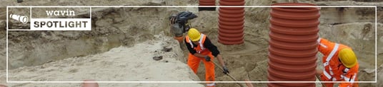 installation of a sewage plastic pipe during the construction of a house. Creative Banner. Copyspace image