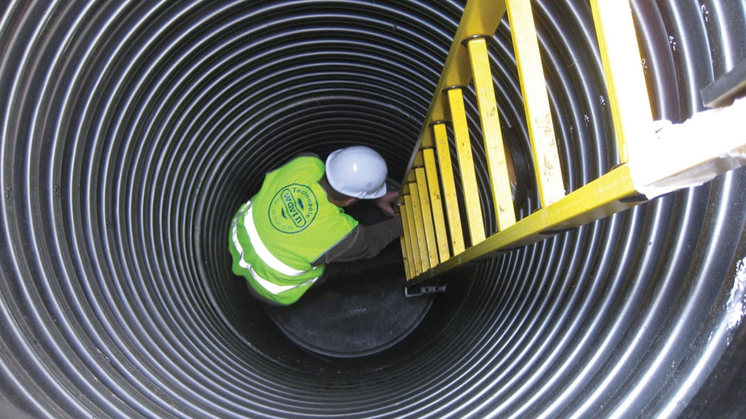 installation of a sewage plastic pipe during the construction of a house. Creative Banner. Copyspace image