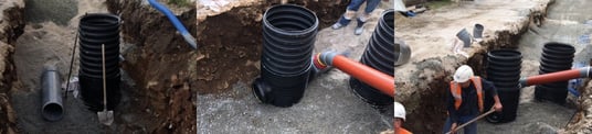 installation of a sewage plastic pipe during the construction of a house. Creative Banner. Copyspace image