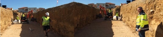 installation of a sewage plastic pipe during the construction of a house. Creative Banner. Copyspace image