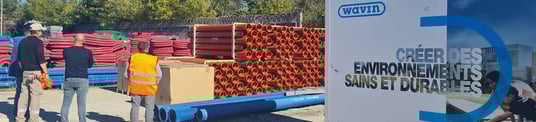 installation of a sewage plastic pipe during the construction of a house. Creative Banner. Copyspace image