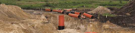 installation of a sewage plastic pipe during the construction of a house. Creative Banner. Copyspace image
