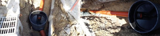 installation of a sewage plastic pipe during the construction of a house. Creative Banner. Copyspace image