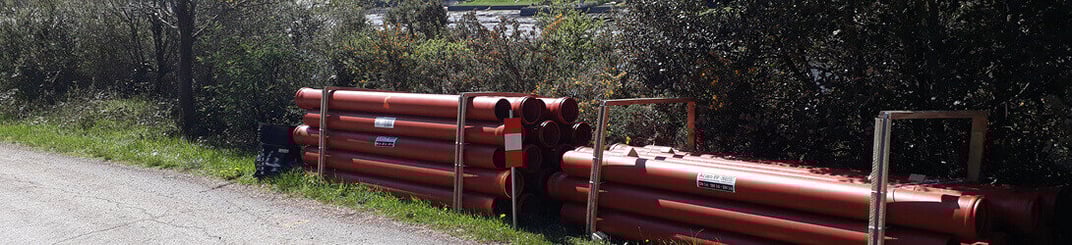 installation of a sewage plastic pipe during the construction of a house. Creative Banner. Copyspace image