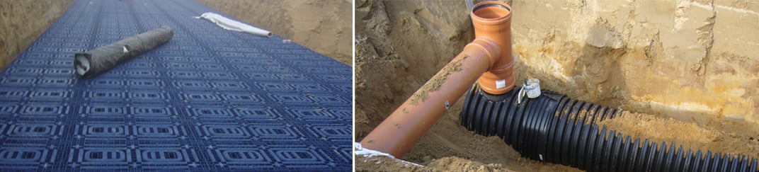 installation of a sewage plastic pipe during the construction of a house. Creative Banner. Copyspace image