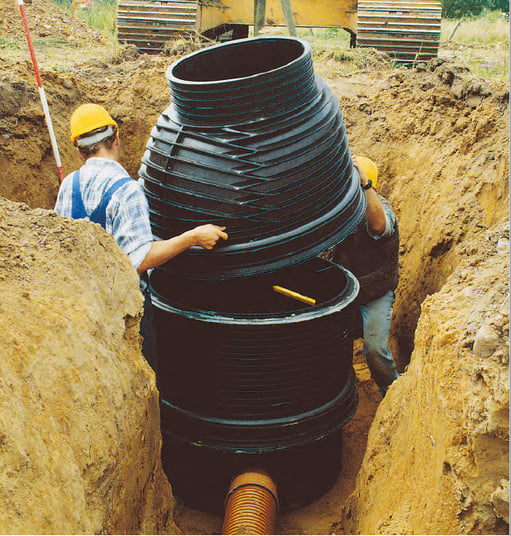 installation of a sewage plastic pipe during the construction of a house. Creative Banner. Copyspace image