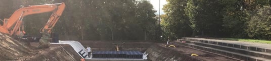 installation of a sewage plastic pipe during the construction of a house. Creative Banner. Copyspace image