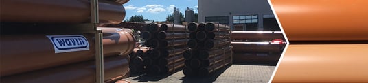 installation of a sewage plastic pipe during the construction of a house. Creative Banner. Copyspace image