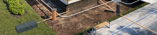 installation of a sewage plastic pipe during the construction of a house. Creative Banner. Copyspace image