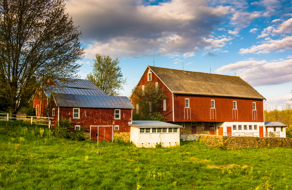 Red barn on a farm in rural York County, Pennsylvania.