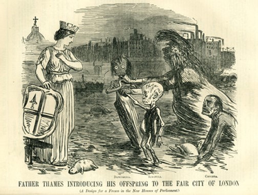 Tratto dal Punch Magazine, 1895: Londra dà il benvenuto alla pestilenza e alla morte dalle rive del Tamigi.